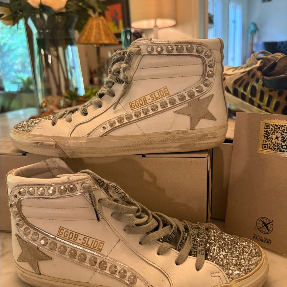 Golden Goose White and Silver High-Tops with Star Detail